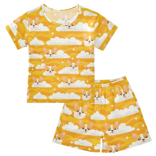 Dog Yellow Pattern Pajama Set, Short Sleeve Cotton Sleepwear Nightwear