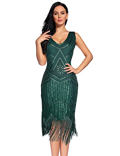 Plus Size 1920s Vintage Fringed Gatsby Sequin Beaded Tassels Hem Flapper Dress for Women (Blackish Green, Small)