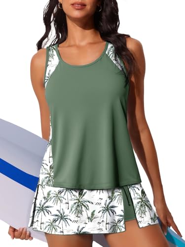 Summer Mae Blouson Tankini Swimsuits for Women Modest Tummy Coverage Bathing Suits with Skirt and Built-in Shorts Sandy Shore Palms Size 14