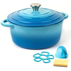 Cacerola Holandesa Parmedu Olla para Horno Holandés de Hierro Fundido Esmaltado de 5L con Tapa y Asas Dobles, Accesorios de Silicona Incluidos, Ideal para Estofar, Guisar, Asar y Hornear, en Azul