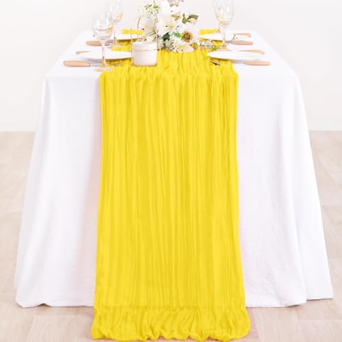 Image of MLMC Yellow Table Runner 10ft Rustic Summer Cheesecloth Table Runner Gauze Cheese Cloth Centerpiece Decororations 35x120 Inches for Wedding Baby Shower Outdoor Picninc Decor