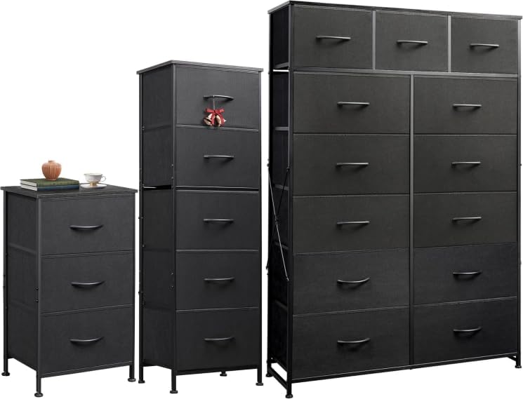 Three WLIVE fabric dressers of different sizes: a 3-drawer, a 5-drawer, and a 13-drawer unit, all in charcoal black.