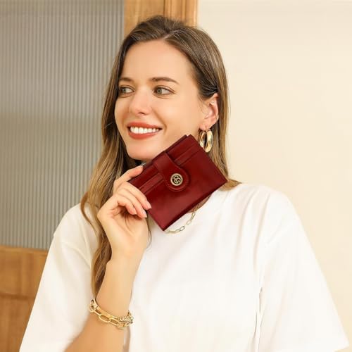 Image of Leather Wallet Women,RFID Blocking Slim Compact Card Holder with Zipper Coin Pocket,Top Grain Cowhide Bifold Women's Wallet(winered)