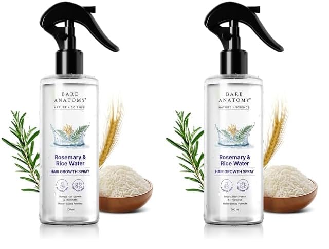 Bare Anatomy Nature x Science Rosemary Water Spray for Hair Growth & Hair Thickness with Rice Water |100% Natural Extract | Soft & Smooth Hair| Controls Hairfall| Non-Greasy & Fast Absorbing | 200 ml