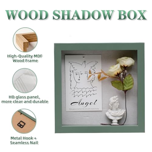Image of Muzilife 8x8 Shadow Box Picture Frame with Linen Board - Deep Wood & Glass Display Rustic Case Ready to Hang Memorabilia, Pins, Awards, Medals, Wedding, Tickets, and Photos, Green
