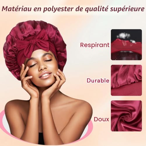 Euqvunn 2Pièces Bonnet Satin Cheveux Nuit, Bonnet en Satin avec 6.2×63 cm Une Bande de Fixation Large, Bonnet de Nuit Femme Adapté pour Protection Cheveux Longs/Raides/Bouclés (Noir Rouge) – vue 5