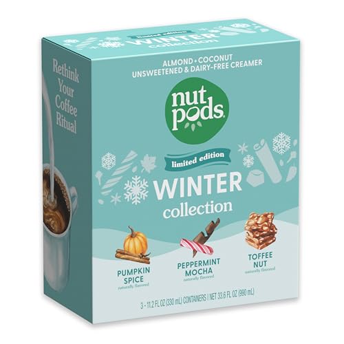 nutpods Winter Collection, 3-Pack of Unsweetened Dairy-Free Creamers (Pumpkin Spice, Peppermint Mocha, Toffee Nut) - Whole30, Gluten Free, Vegan