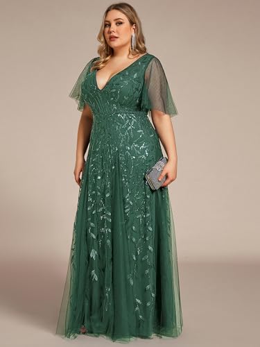 Image of Ever-Pretty Women's Sequin V Neck Plus Size Formal Dresses Evening Gown | Short Sleeve, A-Line, Empire Waist, Plus Size Mother of the Bride Dresses, Plus Size Gala Dress