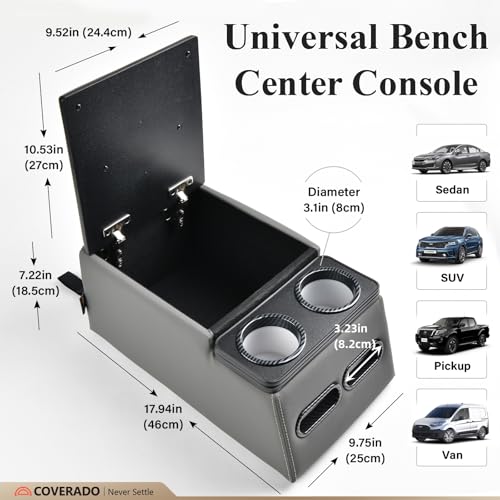 Image of Coverado Car Center Console, Universal Bench Seat Center Consoles, Center Console for Van, Back Seat Storage Box, Rear Seat Car Console Organizer with Cup Holder, Central Armrest Box (Regular, Gray)