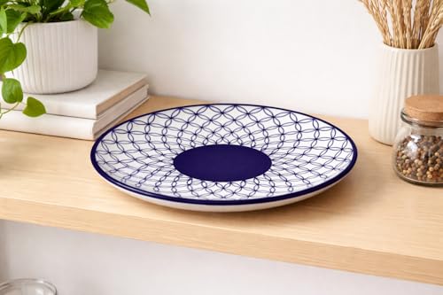 Image of Ceramic Plate Set,10 inches - Set of 6 Large Size Dinner Plate for Snacks, Appetizers etc. Handmade Stoneware Dinner Plate (Blue) (Blue Jaal)