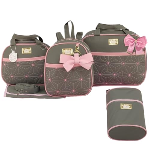 BOLSA MATERNIDADE MENINA 5 PEÇAS ESTRELA (Cinza c/Rosa)