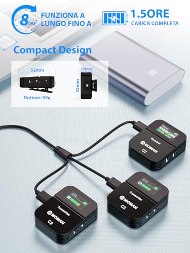 Moman Microfono Lavalier Wireless Professionale, C2X 2.4Ghz Microfoni Senza Fili Con Schermo Tft Per Fotocamera Reflex Videocamera Smartphone Laptop, Microfono-Lavalier-Wireless-Senza-Fili - 5