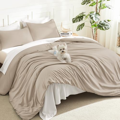 Image of Litanika Khaki Comforter Set Queen Size, 3 Pieces Solid Bedding Comforter Set, All Season Down Alternative Bed Set (90x90In Comforter & 2 Pillowcases)