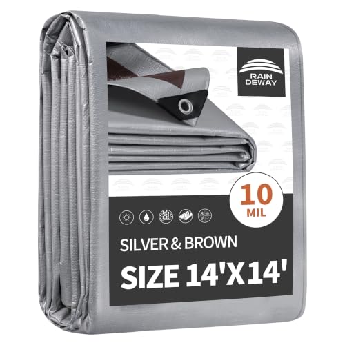 RAINDEWAY 14x14 Feet Tarps Heavy Duty Waterproof 10Mil Thick Multipurpose Poly Tarp Cover with Metal Grommets and Reinforced Edges Silver/Brown Tarp