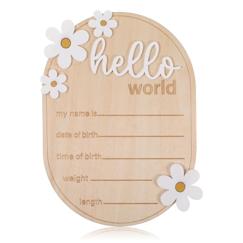 Image of Baby Welcome Sign Hospital Hello World Newborn Sign Wooden Flower Newborn Baby Announcement Sign Nursery Decor Baby's Shower Hospital Birth Announcement Sign