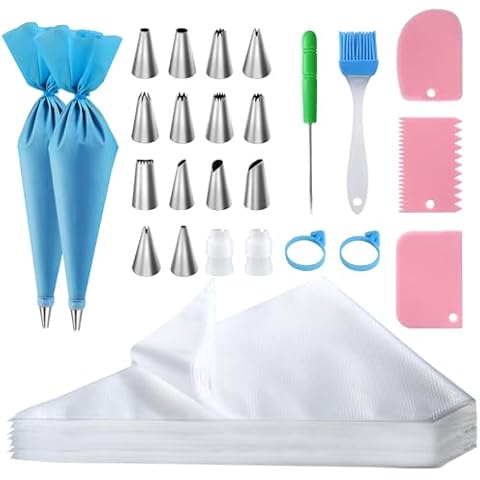 firstake Piping Bags and Tips Set - 16 Inch Disposable Piping Bags 100pcs, Reusable Piping Bags 2pcs, Large Piping Bags, Thickened Pastry Bags, Icing Bags, Cake Decorating Bags, Non-slip Frosting Bags Cover