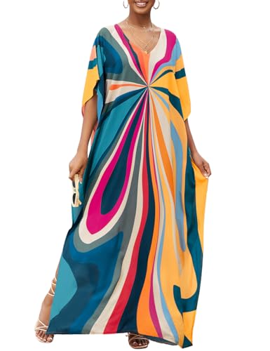 Bsubseach Kaftan Dresses for Women V Neck Batwing Sleeve Plus Size Caftans Swimwear Coverups Maxi Beach Dresses