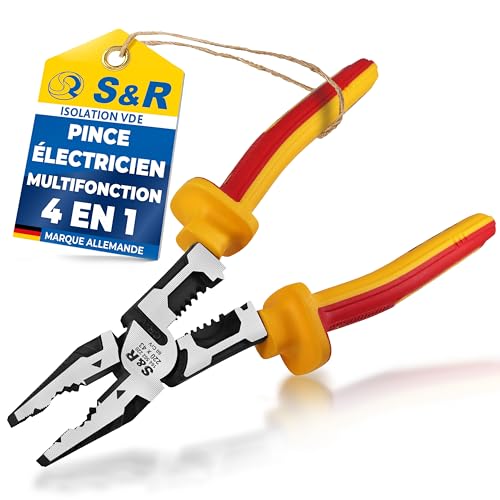 S&R Pince d'Électricien Multifonction. Pince Universelle 220 mm isolée VDE 1000. Pince a Sertir Dégainer Serrer Couper cables et fil en cuivre et aluminium...