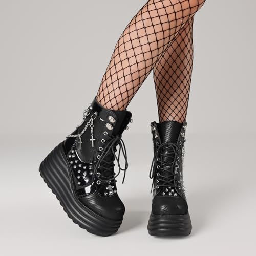 Lyrisiphy Women's Gothic Ankle Boots Black Platform Combat Boots with Punk Chains & Studs Lace Up Wedge Boots for Womens Rave Festivals Halloween4