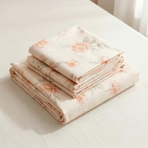 Image of VAS COLLECTIONS King Size Bedsheet Set Cloud Cotton 270x240 cm | Soft Breathable Flat Bed Sheet with 2 Pillow Covers | Floral Printed Bedsheet for King Bed | Durable Bedding Set, Rose Peach Ivory