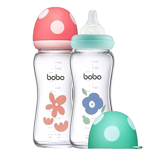 Image of YOHKOH Natural Glass Baby Bottle with Natural Response Nipple, Newborn Anti-Colic Baby Bottles, Wide Neck Mushroom Cap Baby Bottle, Clear (8.8oz (Pack of 2), Multicolour)