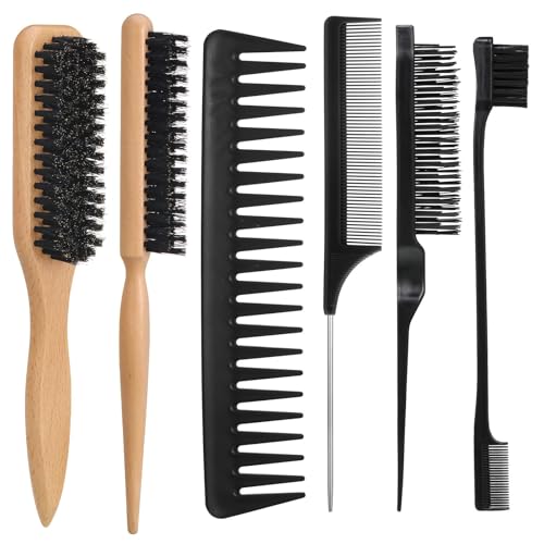 6PCS Boar Bristle Slick Back Hair Brush with Edge Brush Rat Tail Comb Wide Tooth Comb for Men Women
