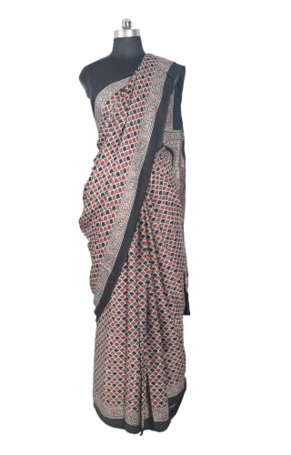 Image of Ethnics of Kutch Womenss Ajrakh Modal Silk Natural Dye Hand Block Print Saree with Blouse Piece - 5.5 Mtr Length