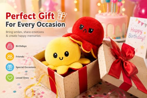 Image of Reversible Octopus Plush Toy 18 cm | Flip Mood Soft Toy | Double-Sided Happy & Angry Expression | Super Soft Stuffed Animal Plushie | Cute Kids Gift, Stress Relief Toy, Home Decor (Red - Yellow)