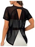 SweatyRocks Women's Activewear Short Sleeve Round Neck Mesh Tee Cut Out Split Back Sports T Shirt Black L