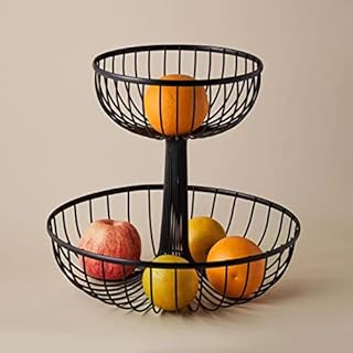 PKGE Two Tier Black Fruit and Vegetable Basket Countertop Kitchen Storage Vegetable Rack Basket Iron Wire Storage Bowl Fruit Basket Smooth Line Design for Bread Vegetables Eggs Snacks (Pack of 1)