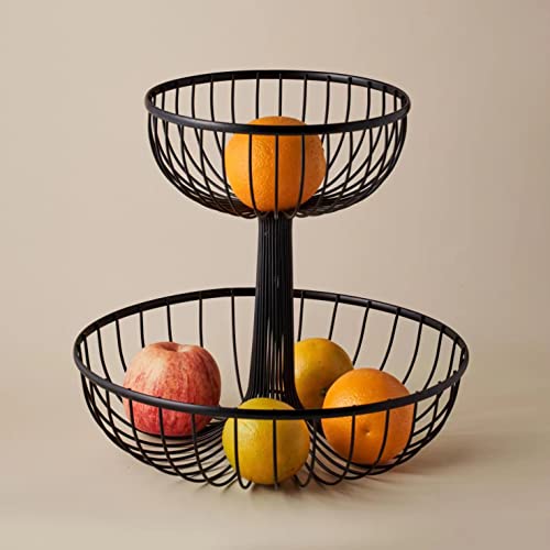 PKGE Schwarzer Obst- und Gemüsekorb mit 2 Ebenen, Arbeitsplatte, Küche, Lagerung, Gemüsekorb, Eisendraht, Aufbewahrungsschale, Obstkorb, glattes Liniendesign für Brot, Gemüse, Eier, Snacks (1 Stück) Cover