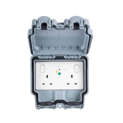 United Electrical Double Weatherproof Outdoor Switched Power Socket with Latching RCD, IP66 Rated, 13 Amp