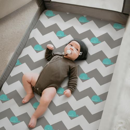 Image of Stretchy Pack and Play Fitted Sheets: 2 Pack Mini Crib Sheets 38x26 - Soft Cozy Material - Fits Most Playards and Travel Playpens, Pack n Play, Nursery Daycare Bedding Essentials, Whale Cloud Print