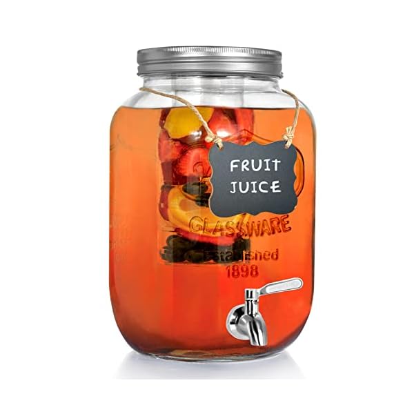 2-Gallon Glass Drink Dispenser for Parties, Beverage Dispenser with Stainless Steel Spigot, Fruit Infuser, Marker & Chalkboard - 100% Leakproof Water Dispenser for Lemonade & Laundry Detergent