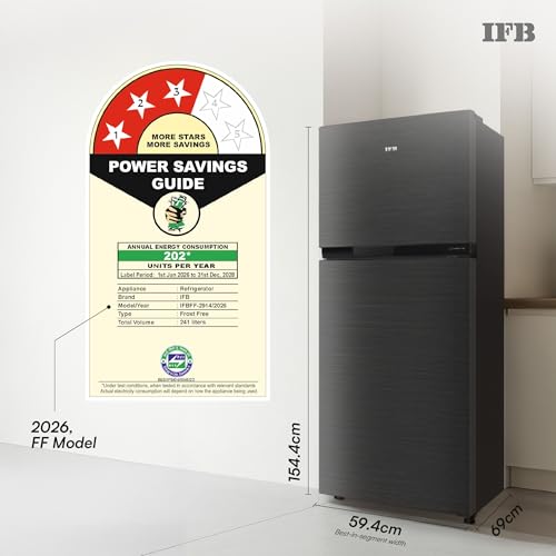 Image of IFB 241L 3 Star 10 in 1 Convertible, Advanced Inverter Frost-Free Double Door Refrigerator with 30 Hrs Cooling Retention, Freezer LED & 4 Year Super Warranty (2026, IFBFF-291CYOSETM, Onyx Grey)