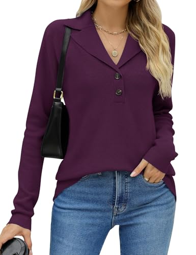 LOMON Sweaters for Women 2025 Fall Knitted V-Neck Collared Button Pullover Dressy Casual Long Sleeve Polo Shirts Business