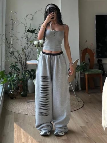Womens Wide Leg Sweatpants High Waisted Baggy Lounge Pants Drawstring Y2k Grey Baggy Sweatpants Joggers with Pockets4