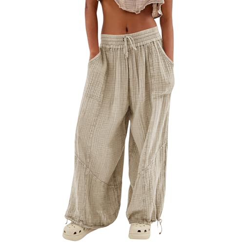utcoco Womens Casual Loose Fit Wide Leg Cotton Pants Drawstring Stitching Baggy Pants Trousers with Pockets