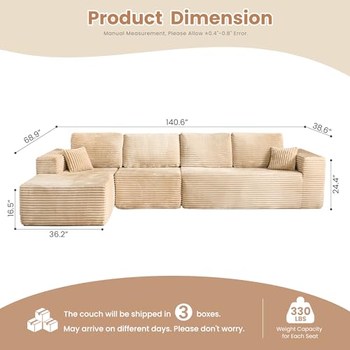 Image of HOOOWOOO Cloud Sectional Couches for Living Room,Modular Sectional Sofa No Assembly,141X70 Inch Plush Corduroy Large L Shaped Floor Couch Set with Deep Seat Chaise(Beige)