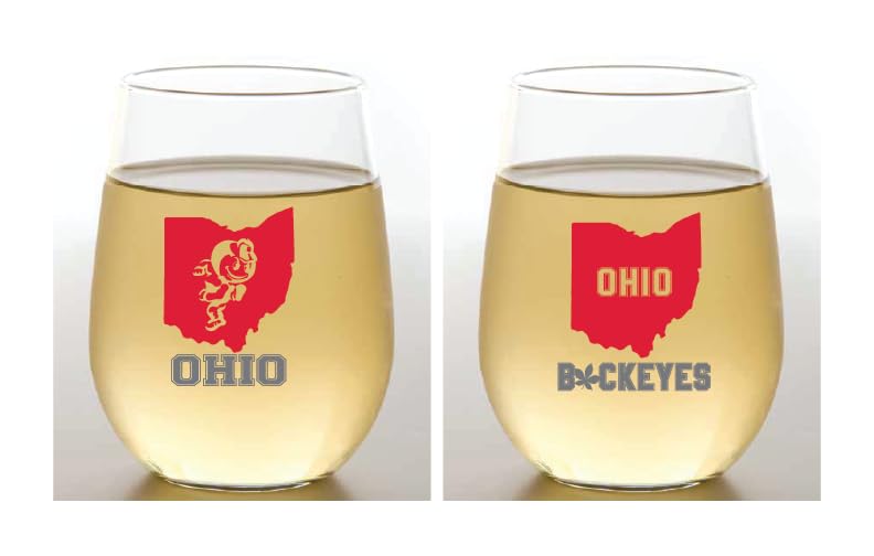 Set of 2 Wine-Oh! Stemless Shatterproof PLASTIC 16 oz Printed Wine Glasses Made in the USA in Gable Box Packaging, Great Gift (COLLEGIATE BUCKEYES-INSPIRED)