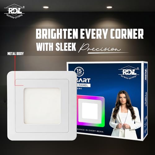 Image of RDL 15Watt Multicolor Surface Ceiling Light with Sqaure Shape | White+PGB | Ceiling Light for Bedroom, Living Room, Kitchen, Balcony | Pack of 1 (Multicolor)