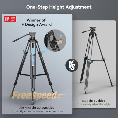 Image of SmallRig AD-80 FreeBlazer Heavy-Duty Video Tripod System, 75 inch Tall, Fluid Head, One-Step Height Adjust, Dual-Mode QR Plate, Load up to 17lbs, Professional Tripod for Camera