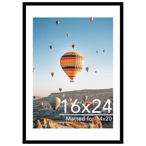 Image of JCJMY 16x24 Picture Frame with Mat for Poster Photo and 40x60 cm Canvas, Display 14x20 with Mat or 16 x 24 without, Wood 16 by 24 Wall Gallery Poster Photo Frame, Black