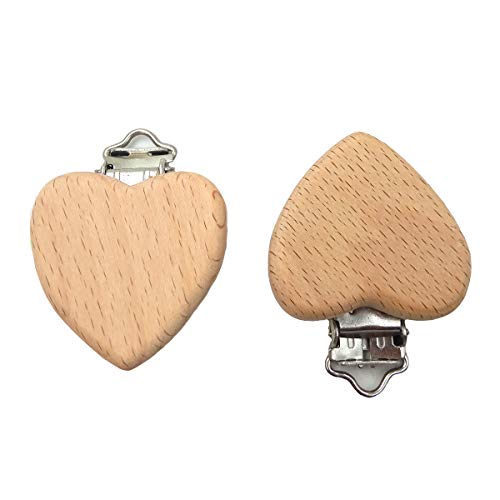 Image of 10pcs Natural Wood Suspender Pacifier Clips Cute Beech Wooden Animal Heart Shape Clips Charm DIY Beading Pacifier Chain Accessory