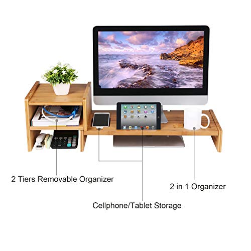 SONGMICS Bamboo Monitor Stand Riser Laptop Cellphone TV Printer Stand with 2-Tier Desktop Storage Organizer Patented ULLD217 - Image 9