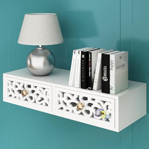 Image of Engineered Wood Floating Shelves With Drawer, Wall Shelves Multi Use As Cabinet Or Nightstands For Desk Or Wall Storage (Full White)