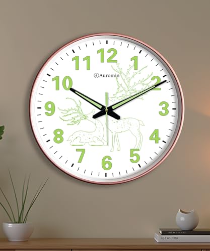 Image of Auromin Antique Radium Glass Wall Clock Night Glow for Bedroom | Night Light Silent Glass Wall Watch for Living Room, Living Room, Study (Clock-GL-Deer-RDM-DYNY)