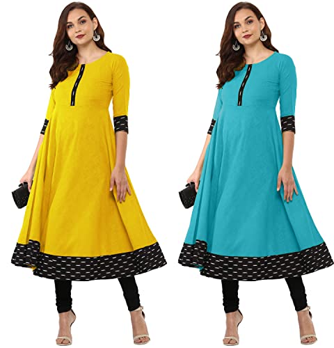 Image of NATEK Plain Cotton Regular Wear Anarkali Kurtis Dresses for Ladies Girls - Combo Pack of 2