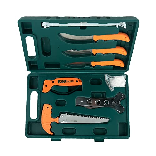AccuSharp 9-Piece Hunting Knife Set w/ Case – Includes Butcher knife, Caper knife, Gut-Hook Knives, Bone Saw, Ribcage Spreader, Zip Ties, Gloves & Knife Sharpener – For Fishing, Hiking, & Camping