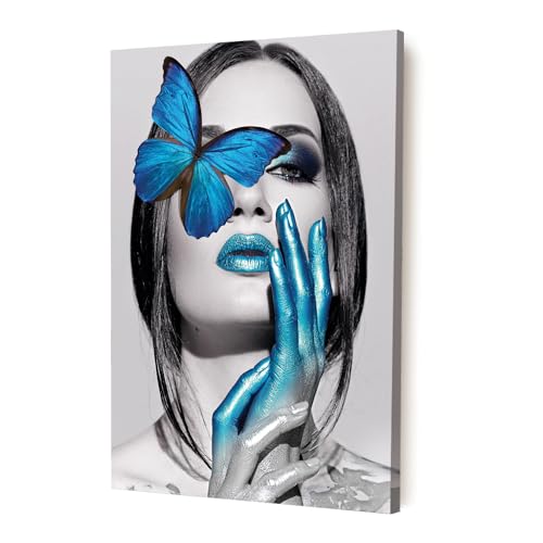 Image of PAINTINGMANTRA Stretched Modern Canvas Wall Art Painting, Women with Blue Butterfly Artwork for Living Room, Home, Bedroom, Office Decoration (Set of 1, 16x22 Inch)